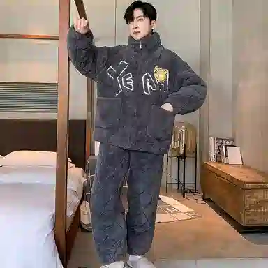 俏霓桐 时尚卡通保暖蓄温加厚长袖长裤可外穿睡衣套装 男款 深灰色