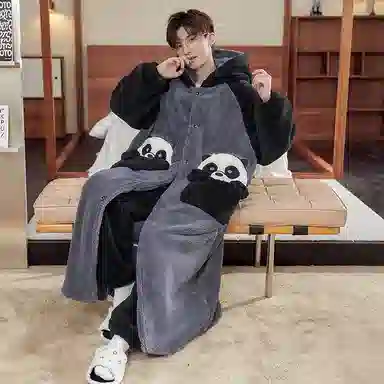 俏霓桐 保暖蓄温加厚卡通熊猫连帽中长款长袖睡袍长裤可外穿睡衣套装 男款 黑灰色