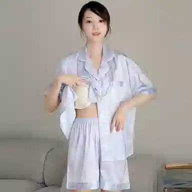 俏霓桐 凉感亲肤舒适翻领短袖卡通休闲短裤长裤睡衣套装 女款 法斗黑