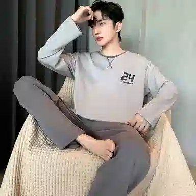 俏霓桐 简约休闲风亲肤舒适长袖长裤圆领可外穿睡衣套装 男款 灰色