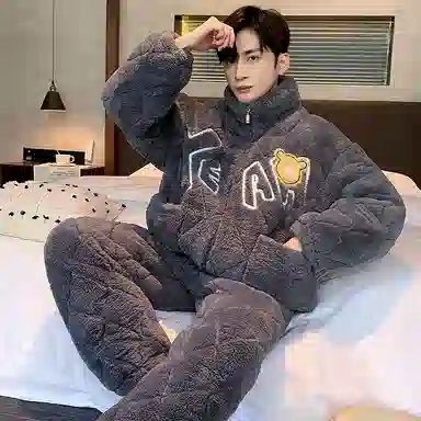 俏霓桐 时尚卡通保暖蓄温加厚长袖长裤可外穿睡衣套装 男款 深灰色
