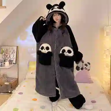 俏霓桐 保暖蓄温加厚卡通熊猫连帽中长款长袖睡袍长裤可外穿睡衣套装 男款 黑灰色