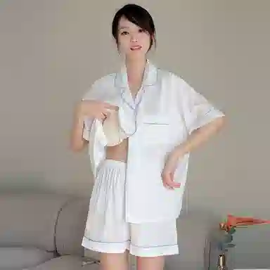 俏霓桐 凉感亲肤舒适翻领短袖卡通休闲短裤长裤睡衣套装 女款 法斗黑
