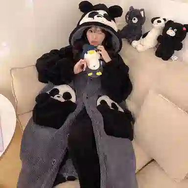 俏霓桐 保暖蓄温加厚卡通熊猫连帽中长款长袖睡袍长裤可外穿睡衣套装 男款 黑灰色