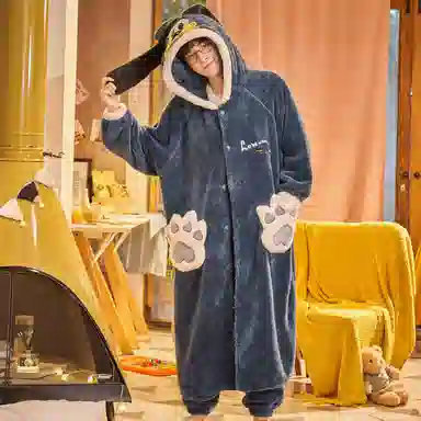 俏霓桐 简约时尚卡通亲肤舒适连帽长袖睡袍保暖蓄温可外穿长裤睡衣套装 男款 蓝灰色
