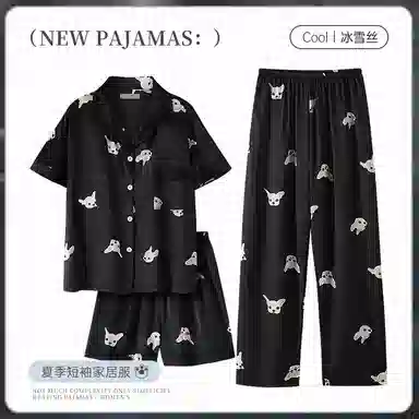 俏霓桐 凉感亲肤舒适翻领短袖卡通休闲短裤长裤睡衣套装 女款 法斗黑