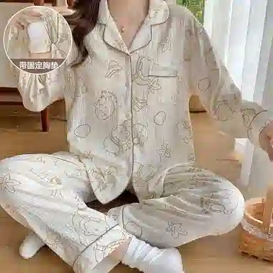 俏霓桐 简约甜美可爱亲肤舒适自带胸垫长袖开衫休闲可外穿长裤睡衣套装 女款 图片色
