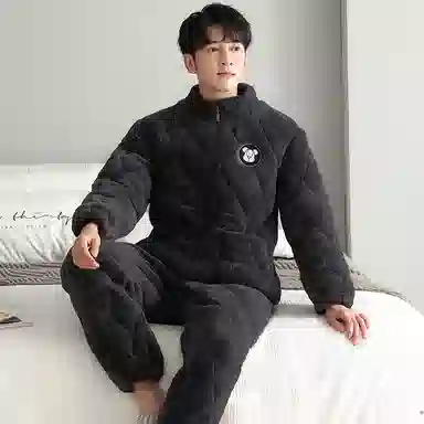 俏霓桐 保暖蓄温加厚玉狐绒三层夹棉长袖长裤可外穿睡衣套装 男款 深灰色