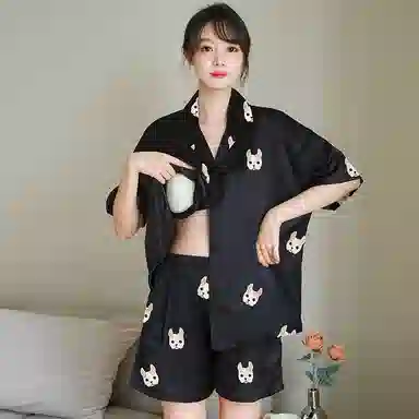俏霓桐 凉感亲肤舒适翻领短袖卡通休闲短裤长裤睡衣套装 女款 法斗黑