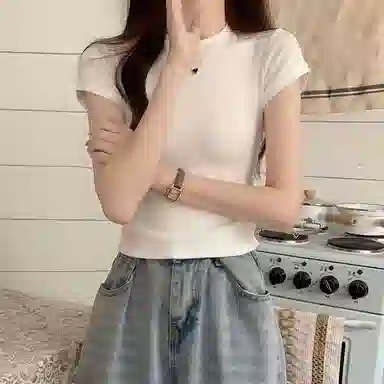 都市丽人 螺纹圆领修身舒适直筒纯色简约薄款短袖打底衣 女款