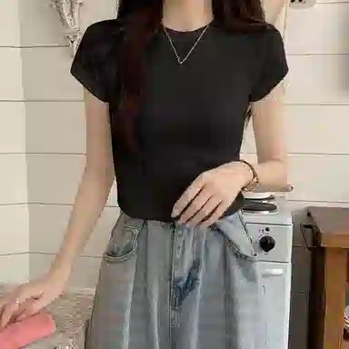 都市丽人 螺纹圆领修身舒适直筒纯色简约薄款短袖打底衣 女款