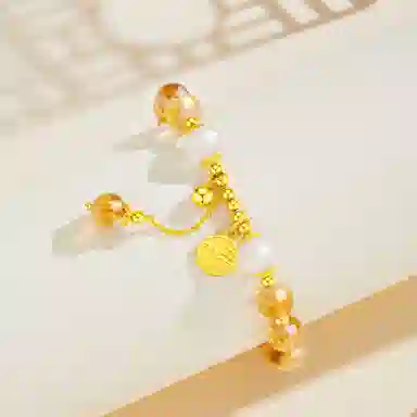 老凤祥 暖金福牌 招财纳福暴富发财财源广进流苏手饰闺蜜女友疗愈能量旺事业轻奢小众日常百搭简约甜蜜告白礼盒天然 黄水晶 手链 女款