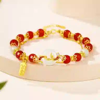 老凤祥 福运锦鲤平安扣 新中式经典复古百搭国风 富贵感彩色福牌 高级轻奢气质 礼盒#好运 玉髓 手链 女款