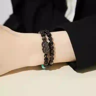 【双层叠带】 老凤祥 玄夜貔貅 招财纳福吞金兽 国潮新中式时尚轻奢百搭 古玩文玩天然 黑曜石 手串 男款