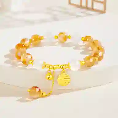 老凤祥 暖金福牌 招财纳福暴富发财财源广进流苏手饰闺蜜女友疗愈能量旺事业轻奢小众日常百搭简约甜蜜告白礼盒天然 黄水晶 手链 女款
