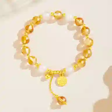 老凤祥 暖金福牌 招财纳福暴富发财财源广进流苏手饰闺蜜女友疗愈能量旺事业轻奢小众日常百搭简约甜蜜告白礼盒天然 黄水晶 手链 女款