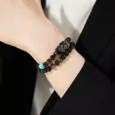 【双层叠带】 老凤祥 玄夜貔貅 招财纳福吞金兽 国潮新中式时尚轻奢百搭 古玩文玩天然 黑曜石 手串 男款