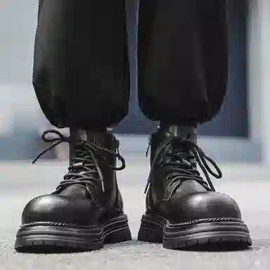 超纤皮 英伦高帮工装复古机车风格舒适日常通勤百搭 短靴 男款 黑色