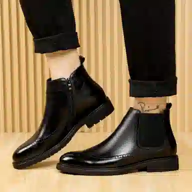 法派 头层牛皮 英伦 加绒舒适 百搭防滑 时尚耐磨 中筒 切尔西靴 男款