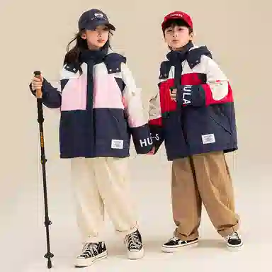 鸭鸭 童装 拼色连帽保暖休闲长袖羽绒服 儿童款