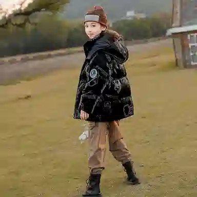 鸭鸭 童装 纯色反光宇航员连帽中长款羽绒服 儿童款