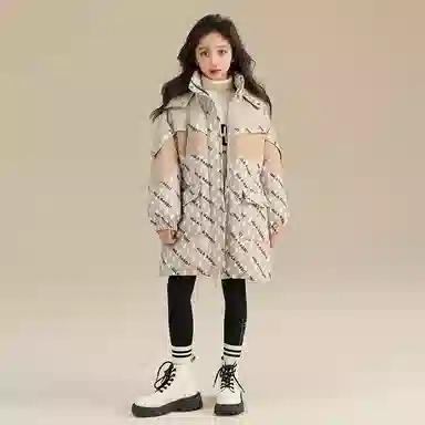 鸭鸭 童装 拼色满印白鸭绒中长款宽松休闲长袖羽绒服 儿童款
