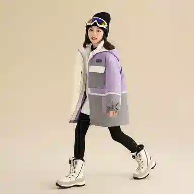 鸭鸭 童装 拼色中长款加厚保暖休闲长袖羽绒服 儿童款 紫色