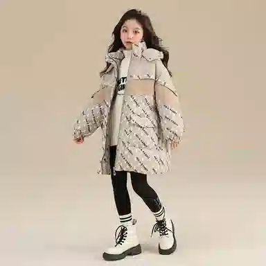 鸭鸭 童装 拼色满印白鸭绒中长款宽松休闲长袖羽绒服 儿童款