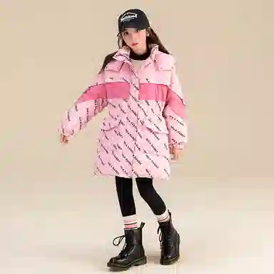 鸭鸭 童装 拼色满印白鸭绒中长款宽松休闲长袖羽绒服 儿童款