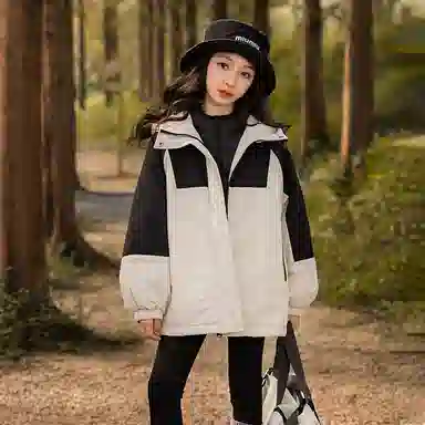 鸭鸭 童装 拼色夹棉连帽防水宽松中长款冲锋衣 儿童款