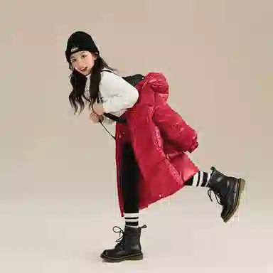 鸭鸭 纯色连帽加厚大口袋中长款拉链喜庆拜年羽绒服 儿童款 红色