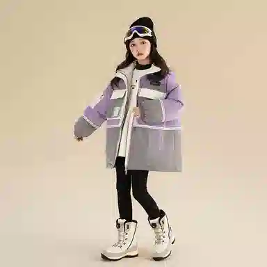 鸭鸭 童装 拼色中长款加厚保暖休闲长袖羽绒服 儿童款 紫色