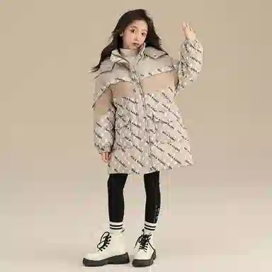 鸭鸭 童装 拼色满印白鸭绒中长款宽松休闲长袖羽绒服 儿童款