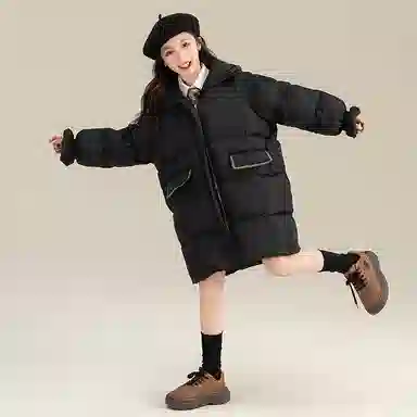 鸭鸭 童装 纯色连帽中长款宽松休闲羽绒服 儿童款