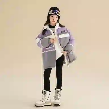 鸭鸭 童装 拼色中长款加厚保暖休闲长袖羽绒服 儿童款 紫色