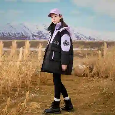 鸭鸭 童装 拼色宽松加绒加厚中长款羽绒服 儿童款