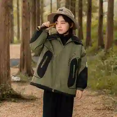 鸭鸭 拼色摇粒绒内胆三合一户外防水冲锋外套 儿童款 黑色撞军绿色