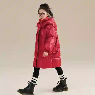 鸭鸭 纯色连帽加厚大口袋中长款拉链喜庆拜年羽绒服 儿童款 红色