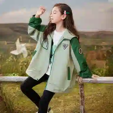 鸭鸭 童装 拼色加绒连帽户外中长款宽松冲锋衣 儿童款