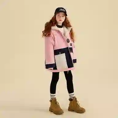鸭鸭 童装 拼色工装风加厚连帽休闲保暖长袖羽绒服 儿童款 粉拼藏青