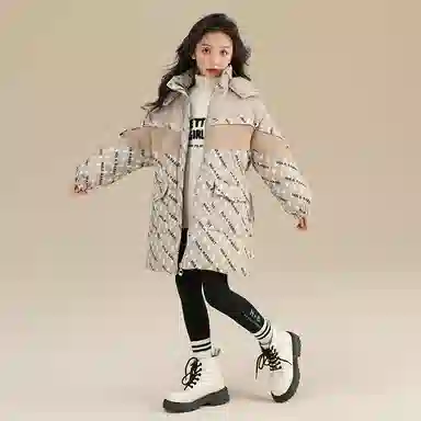 鸭鸭 童装 拼色满印白鸭绒中长款宽松休闲长袖羽绒服 儿童款