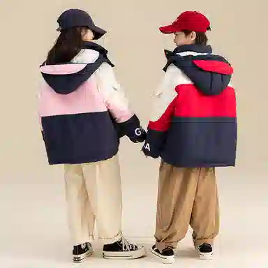 鸭鸭 童装 拼色连帽保暖休闲长袖羽绒服 儿童款