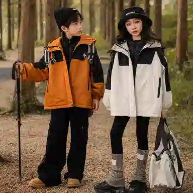 鸭鸭 童装 拼色夹棉连帽防水宽松中长款冲锋衣 儿童款