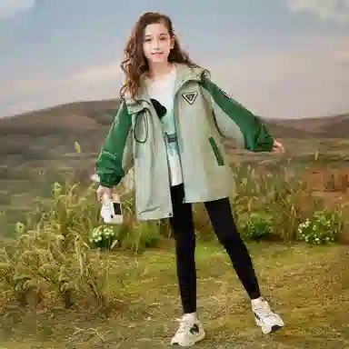 鸭鸭 童装 拼色加绒连帽户外中长款宽松冲锋衣 儿童款