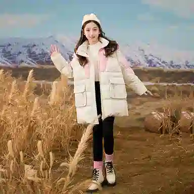 鸭鸭 童装 拼色宽松加绒加厚中长款羽绒服 儿童款