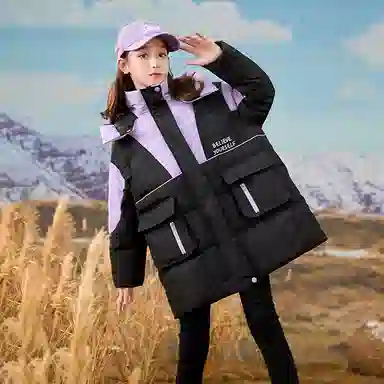 鸭鸭 童装 拼色宽松加绒加厚中长款羽绒服 儿童款