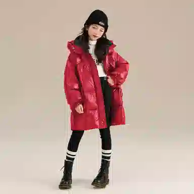 鸭鸭 纯色连帽加厚大口袋中长款拉链喜庆拜年羽绒服 儿童款 红色