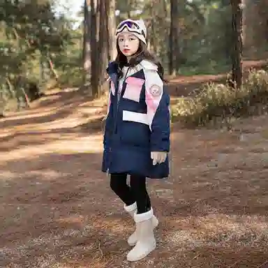 鸭鸭 童装 拼色连帽白鸭绒户外防水中长款羽绒服 儿童款