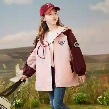 鸭鸭 童装 拼色加绒连帽户外中长款宽松冲锋衣 儿童款