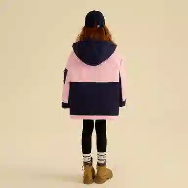 鸭鸭 童装 拼色工装风加厚连帽休闲保暖长袖羽绒服 儿童款 粉拼藏青